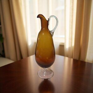 Vintage Pilgrim Art Glass Amberina Ewer – 10.25" Blown Glass Pitcher with Clear
